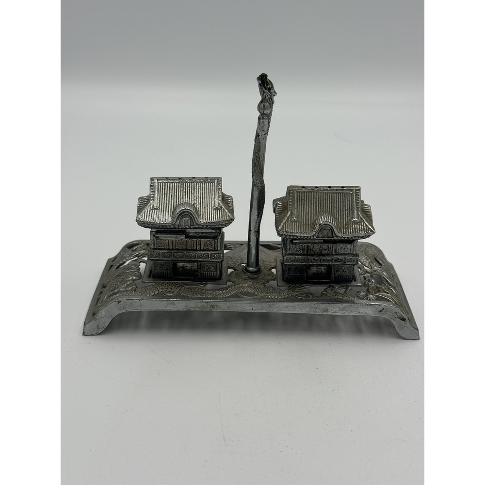 Japanese  silver-plated double inkwell desk set  temple-style dragon motif